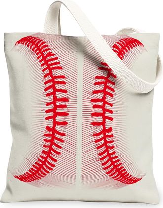 Generic Baseball Pattern Canvas Tote Bags, Sporty Sports Design Lightweight Reusable Grocery Bags, Summer Outdoor Travel Shopping B, Beige, 13x15 Inch