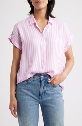 Beach Lunch Lounge Kenzie Stripe Short Sleeve Button-Up Shirt in Ocean Pink at Nordstrom, Size X-Large