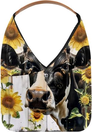 Generic Cow and Wood Board Sunflower Reusable Lightweight Grocery Bags - Foldable Into Compact Pouch, Washable & Sturdy, Multipurpose for Shopping and Travel