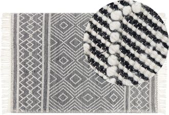 Beliani Alfombra De Lana Negro Blanco 160 X 230 Cm Algod&oacute;n A Mano Geom&eacute;trico Borlas Savuca
