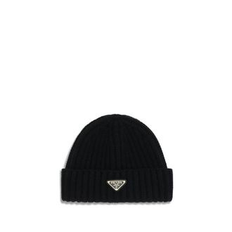 Prada Geribbelde Wol Beanie Hoed - Dames - Hoeden - Zwart - ONE Size - Wol - Accessoires