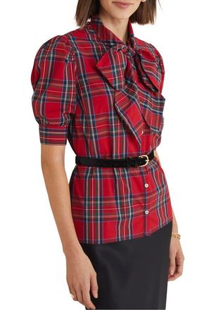 Vineyard Vines Plaid Bow Neck Stretch Cotton Poplin Button-Up Shirt in Royal Stewart - Red at Nordstrom, Size X-Small