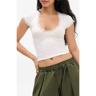 BDG Bella Lace Trim Crop T-Shirt in White at Nordstrom, Size X-Small