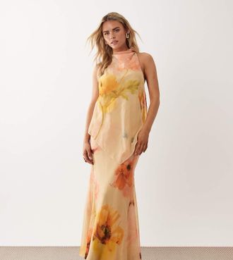 Asos Petite ASOS DESIGN Petite - Vestito lungo accollato a doppio strato in chiffon arancione a fiori-Multi