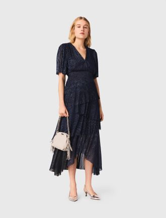 Maje Metallic Ruffled Midi Dress - Navy - Maje