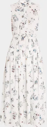 Adam Lippes Floral-Print Poplin Sleeveless Midi Shirtdress With Belt