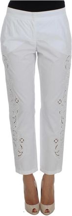 Dolce & Gabbana Witte Bloemen Uitgesneden Broek - Dames - Straight fit broeken - Wit - S - Katoen - Broeken