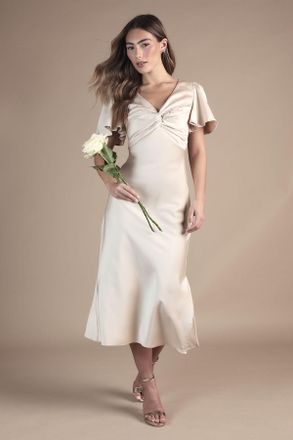 Oasis Womens Petite Satin Twist Angel Sleeve Midi Bridesmaid Dress - Champagne - Size 10 UK