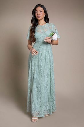 Oasis Womens Petite Angel Sleeve Lace Bridesmaid Dress - Green - Size 10 UK