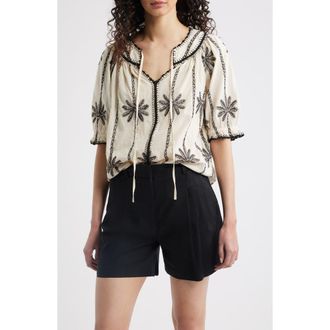 Rails Belina Embroidered Elbow Sleeve Top in Embroidered Palms at Nordstrom, Size X-Small