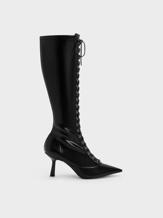 Charles & Keith Lace-Up Pointed-Toe Knee-High Boots