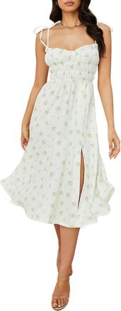 House of CB Christabel Shirred Midi Dress in Ivory Floral at Nordstrom, Size Small