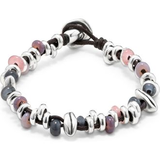 UNOde50 Braided Leather and Bead Bracelet in Silver at Nordstrom, Size Medium