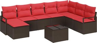 vidaXL Juego De Sof&aacute; 9 Uds. Marr&oacute;n Y Rojo Rat&aacute;n Sint&eacute;tico Vidaxl