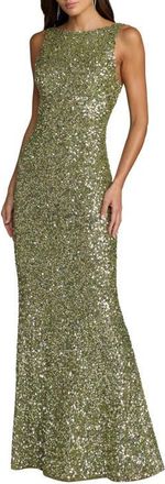 Mac Duggal Petite High Neck Sleeveless Open Back Sequin Column Gown in Sage at Nordstrom, Size 12