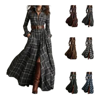 Generic Shirt Dress Plaid Maxi Shirt Dress Womens Long Sleeve Button Front Plaid Maxi Dresses V-Neck Button Split Dresses with Pockets Retro Western Cowboy St