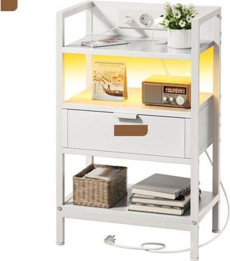 OEM Mesa De Noche Hlonone Led Con Estaci&oacute;n De Carga Y Cajones, Mesa De Noche De 3 Niveles En La Habitaci&oacute;n, Blanco