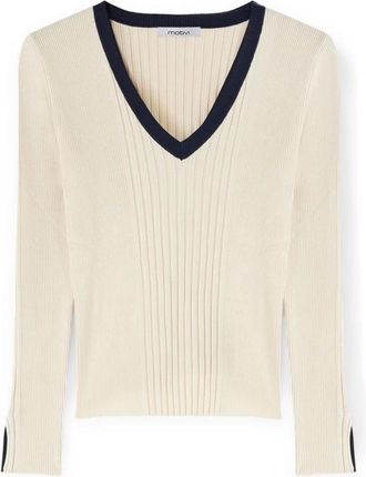 Motivi Tweekleurige geribbelde trui - Dames - V-hals truien - Wit - L - Nylon - Truien & Vesten