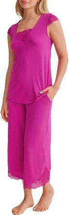 Fleur't Belle &Eacute;poque Lace Trim Knit Capri Pajamas in Passion Fruit at Nordstrom, Size Xx-Large