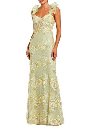 Mac Duggal Embroidered Lace Floral Gown with Ruffle Straps in Sage Multi at Nordstrom, Size 10