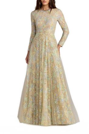 Mac Duggal Long Sleeve Embellished Lace A-Line Gown in Nude Multi at Nordstrom, Size 12