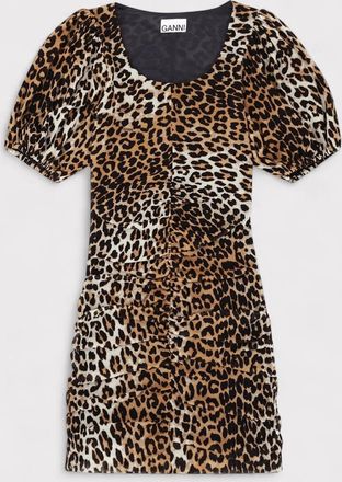 Ganni Womens GANNI Ruched Mesh Mini Dress Leopard Print - Size: 14