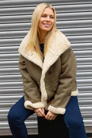 Roman Womens Borg Collar Aviator Jacket - Brown - Size 16 UK