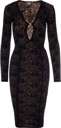 Elisabetta Franchi Black Jacquard V Neck Dress