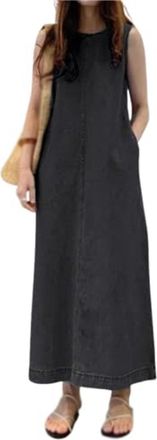Generic Womens Maxi Denim Dress Casual, Loose Crewneck Long Tank Jean Dress with Pockets (Black,5XL)
