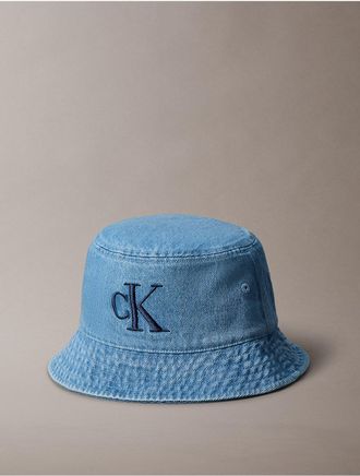 Calvin Klein Mens Washed Denim Embroidered Logo Bucket Hat - Medium Blue