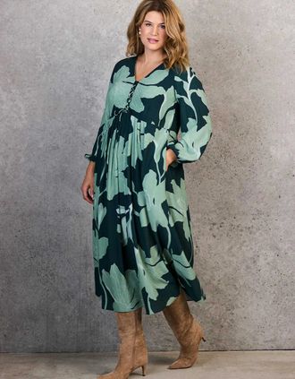 Live Unlimited London Womens Green Floral Print Tie Front Midaxi Dress - Size: 14