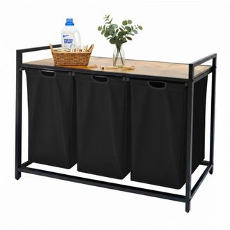 Relaxdays Relaxdays Portabiancheria 3 sacchi, 150 L, ripiano effetto legno, 73,5x109,5x33 cm, nero/naturale