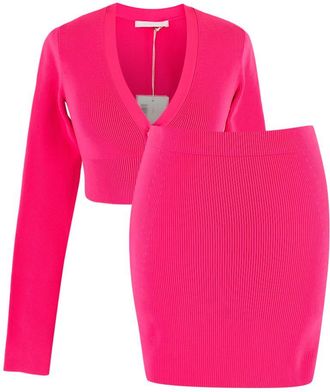 Helmut Lang Bright Pink Essential Crop Cardigan and Mini Skirt Set Size XS