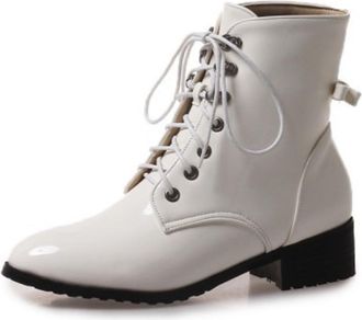 Generic Womens Ankle Boots PU Synthetic Leather Pointed Toe Low Chunky Block Heels Lace Up Side Buckle Decoration Comfortable Non Slip Durable Shoes for Casua