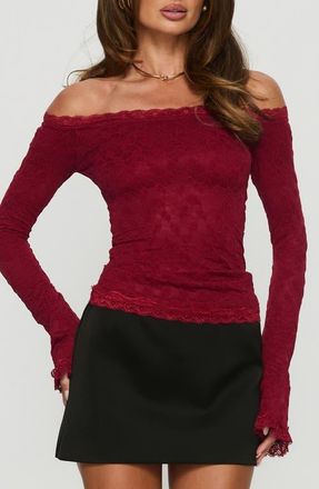 Princess Polly Mochapella Off the Shoulder Lace Top in Burgundy at Nordstrom, Size 12