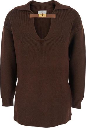 Elisabetta Franchi Wollen trui met sierband - Dames - V-hals truien - Bruin - XS - Wol - Truien & Vesten