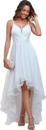 Ever-pretty Womens Stylish Floral Dress Empire Waist High-Low Embroidered Prom Dress White 14UK