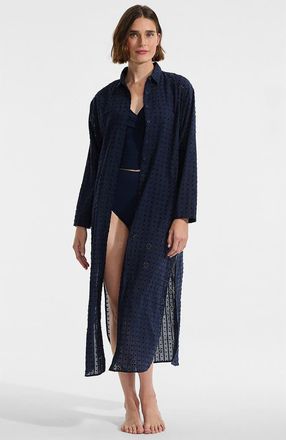 Lands End Eyelet Button Down Maxi Cover-up Dress in Deep Sea Navy at Nordstrom, Size X-Large