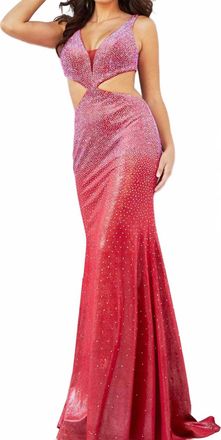 Jovani V-Neck Beaded Cut Out Dress In Red