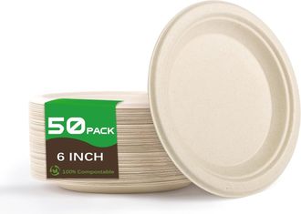 OEM 50 Platos Desechables, Biodegradables, Redondos De Ca&ntilde;a De Az&uacute;car, Vajilla Ecol&oacute;gica De Cart&oacute;n Para Fiestas, Cumplea&ntilde;os, Camping, Picnics Y Barbacoas 