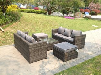 Fimous Rattan Garden Furniture Sets With 3 Seater Sofa Square Coffee Table & 2 PC Big Footstools in Dark Grey