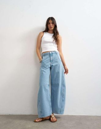 Topshop Horseshoe - Jeans bombati a vita medio alta con cavallo basso candeggiati a righe-Blu
