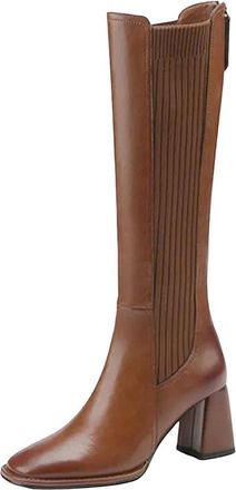 Generic Womens Vintage Stretch Knee High Boots Side Zipper Thick Heel Slim Long Booties For Winter Outfit