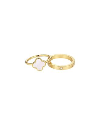 Adornia Adornia 14K Plated Mother Of Pearl Clover And Cz Eternity Band Ring Set