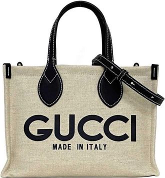 Gucci Beige Navy Canvas Leather Handbag Shoulder Bag Tote Bag (Pre-Owned)