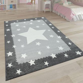 Paco Home Paco Home Alfombra Infantil Habitación Infantil 3D Adorable Ribetes Diseño Estrellas Gris Blanco 160x230 cm