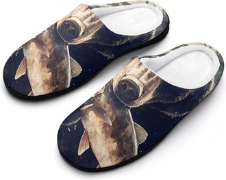 Generic Bear Eating Fish Mens Warm Slippers Non-Slip Sole Winter Rubber Cotton Shoes for Bedroom