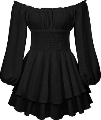 Generic White Pirate Dress Women Puff Sleeve Square Neck Romper Dress Off Shoulder Ruffle Shorts Smocked Layered Flowy A Line Mini Beach Swing Dresses Sundres