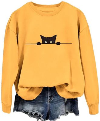 Generic Funny Cute Black Cat Sweatshirt for Women Crew Neck Long Sleeve Print Pullover Cute Kitten Top