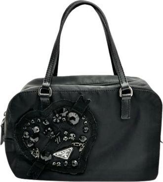 Prada Pre-owned Handbags, female, Black, Size: ONE SIZE Pre-owned Evening Heart Nylon Handbag